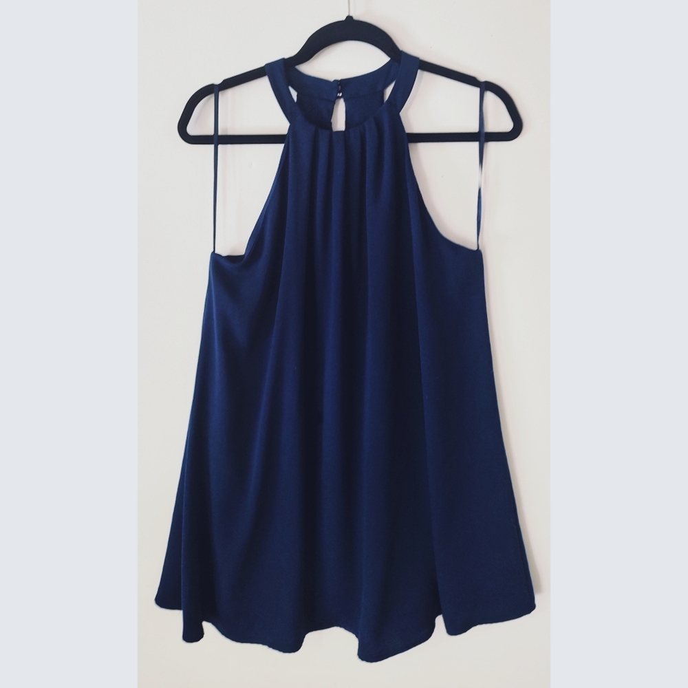 Blue 2-layer neck collar sleeveless flowy dress